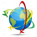 3D Globe with a Green, Red and Yellow Plane Encircling with Trails